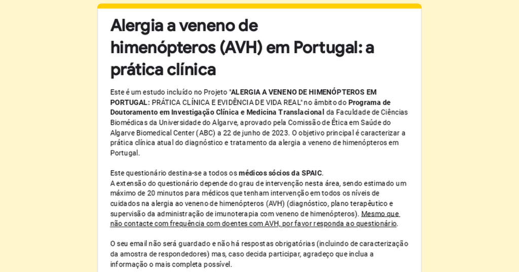 Alergia a veneno de himenópteros (AVH) em Portugal: a prática clínica