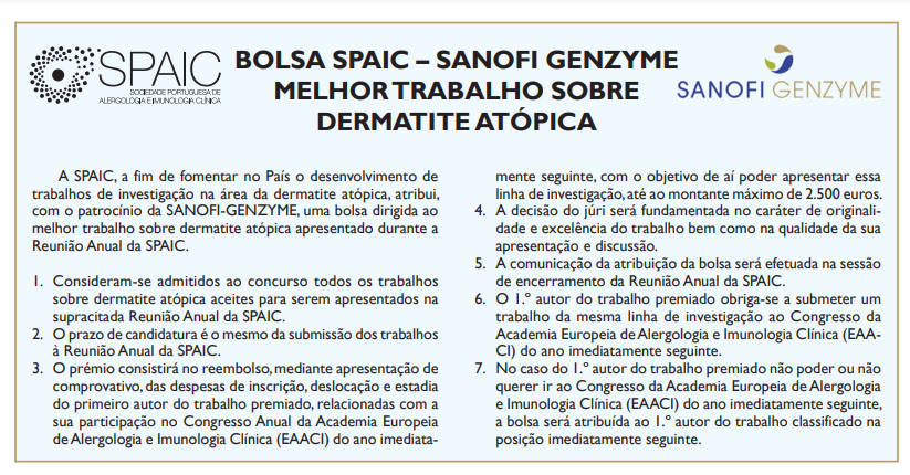 Bolsa SPAIC – SANOFI para o melhor trabalho sobre dermatite atópica apresentado na reunião anual da SPAIC