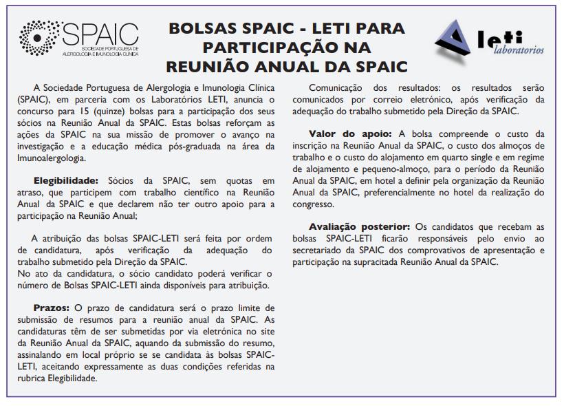 Regulamento BOLSAS SPAIC - LETI PARA PARTICIPAÇÃO NA REUNIÃO ANUAL DA SPAIC