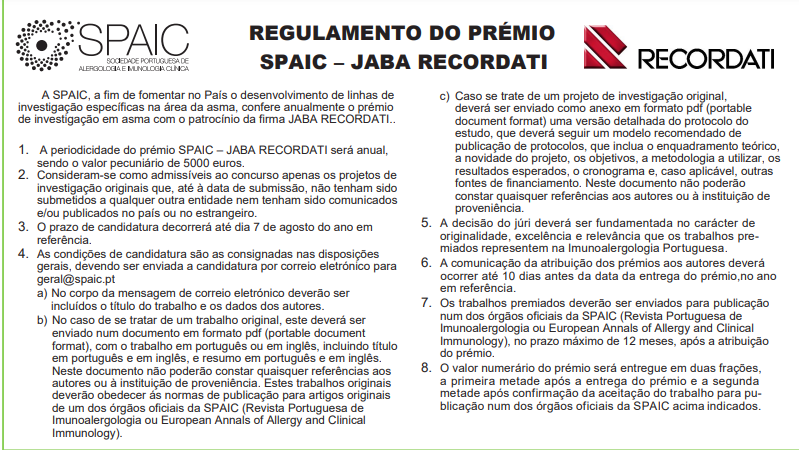 Regulamento Prémio SPAIC JABA RECORDATI melhor projeto de Investigação em Asma